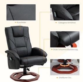 HOMCOM Fotel Masujący z Podnóżkiem, 10 Punktów Masujących, Funkcją Leżenia, Obrotowym Siedziskiem, Czarny, 73 x 83 x 106cm