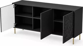 Elegancka komoda PULSET KM-1 w kolorze głębokiej czerni z luksusowymi złotymi nóżkami – nowoczesny mebel do salonu