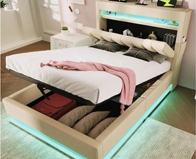 Tapicerowane łóżko z pojemnikiem 90x200 cm - z LED - z portami USB i Type-C - Tkanina lniana - Wezgłowie z przestrzenią do przechowywania - Beżowy