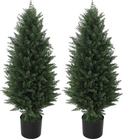 HOMCOM Zestaw 2 Sztucznych Cyprysów, Drzewka Sztuczne z 831 Liśćmi, z Cementową Doniczką, Odporny na UV, Sztuczna Roślina, 90 cm, Zielony