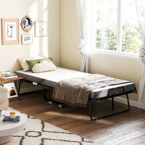 HOMCOM Łóżko gościnne, łóżko rozkładane, łóżko podróżne z kółkami, mata, stal, Biały+Czarny