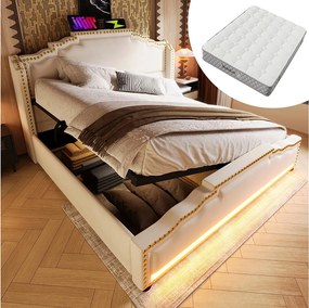 Łóżko tapicerowane dwuosobowe - 160 x 200 cm - schowek hydrauliczny - z diodami LED + USB - aksamitne - beżowe (z materacem)
