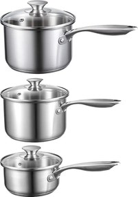 Zestaw Garnków SucceBuy ze Stali Nierdzewnej 0,95/1,9/2,8 L, Nieprzywierający, z Pokrywą ze Szkła I Ergonomiczną Rączką, Zmywalny w Zmywarce