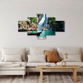 Obraz - Wodny śródziemnomorski krajobraz z łodzią (125x70 cm)
