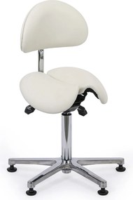 Taboret roboczy z oparciem ARDO, siedzisko w kształcie siodła, na ślizgaczach, biała