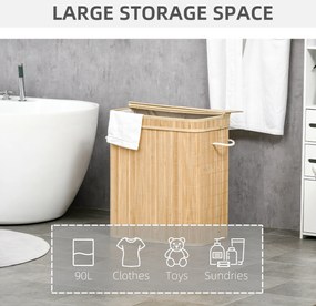 HOMCOM Składany kosz na pranie z bambusa, poręczny 90 L pojemnik na pranie z wyjmowanym wewnętrznym workiem i pokrywą