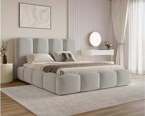 BESILIO Łóżko chmurka z pojemnikiem i stelażem 120x200 Puffy - welurowe łóżko tapicerowane - Jasnoszary