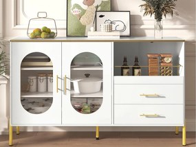 Nowoczesny buffet 140×38×90 cm - z 2 szufladami - z 2 szklanymi drzwiami - biały