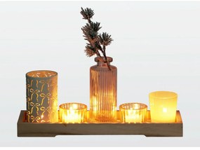 Zestaw świeczników na drewnianej tacy Winter Time, 6 szt., 10,5 x 32,5 cm