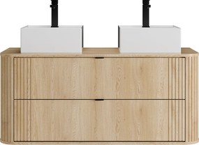 Szafka łazienkowa wisząca z podwójną umywalką nablatową kwadratową i baterią - Jasne naturalne drewno - szer. 120 cm - FILOR