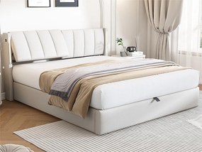 Łóżko z tapicerowanym zagłówkiem z ekoskóry - 180x200cm - z portem USB i LED - zagłówek z regulowanym kątem - Biały