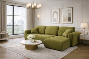 Narożnik w kształcie L z funkcją spania i pojemnikiem Bingo L, tkanina welurowa Salvador, Oliwkowy, Prawy