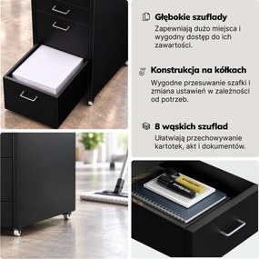 Szafka kartotekowa na kółkach, metalowa, 8 szuflad, na dokumenty, czarna, 300x1100x600 mm: SARA V8
