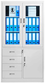 Biurowa przeszklona szafa z szufladami WIOLA, 900 x 1850 x 400 mm, szara