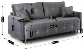 Sofa z Funkcją Spania SEUL Rozkładana Dwuosobowa Welurowa Szara Nowoczesna do Salonu