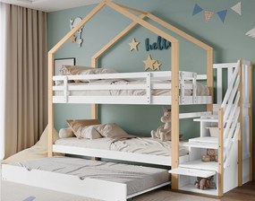 Łóżko piętrowe 90x200cm + łóżko wysuwane 90x190cm - łóżko dziecięce w kabinie ze schodkami do przechowywania - lite drewno - białe