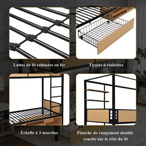 Łóżko piętrowe dla dzieci z żelaza - 2 x 90 x 200 cm - podwójna półka + 1 szuflada + schowek pod łóżkiem - metal - czarny + naturalny