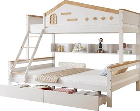 Łóżko piętrowe dla dzieci - 90 x 200 cm + 140 x 200 cm - z barierką zabezpieczającą + 2 szuflady - sosna + płyta MDF - biały + naturalny