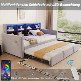 Sofa tapicerowana z funkcją spania - 90 x 190 cm - z wysuwanym łóżkiem 90 x 190 cm + zagłówek ze schowkiem + oświetlenie LED - welur - jasnoszary