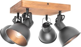 Industrialny reflektor czarny z drewnem, pochylany, 4-światłowy - Tommy