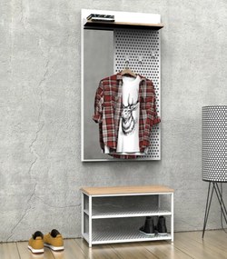 Szeroki wieszak ścienny z półką i lustrem Loft LL2, biały/dąb wotan