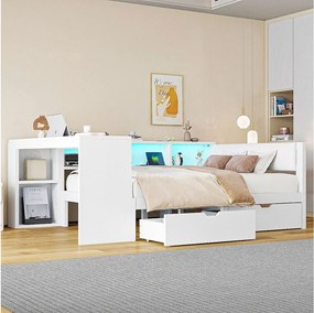Łóżko dziecięce kombinowane - 140 x 200 - z półkami do przechowywania + 2 szuflady + oświetlenie LED + stolik - MDF - białe