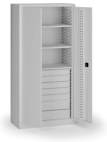 Szafa warsztatowa, 3 półki + 7 szuflad, 1950 × 950 × 500 mm, szare drzwi