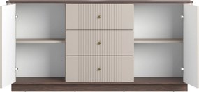 Komoda Vesper 160 cm z szufladami na cokole - kaszmir / orzech / złote uchwyty