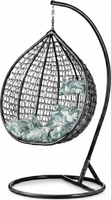 Czarne wiszące krzesło KOKON ze stojakiem, zielono-biała poduszka