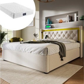 Łóżko z pojemnikiem na pościel 160x200 - z zagłówkiem, USB, typu C, LED, stelażem - beżowe - materac w cenie