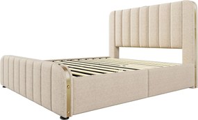 Łóżko dla dorosłych 140x200 – z zagłówkiem, 4 szufladami, USB typu C, stelaż z listew – len – beżowy – materac w cenie