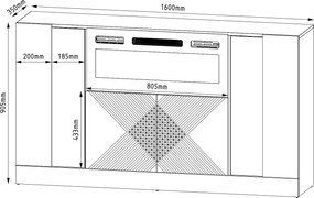 Czarna komoda z kominkiem elektrycznym i oświetleniem Diuna 1
