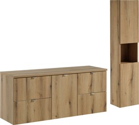 Zestaw łazienkowy Nova 08, dąb coast evoke - szafka 140 cm z koszem na pranie i słupek