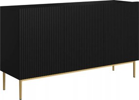 Komoda Nicole 150 cm trzydrzwiowa z ryflowanym frontem - czarny mat / złote nóżki