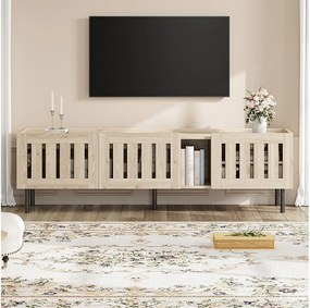 Minimalistyczna niska szafka RTV - 160 x 40 x 47 cm - z ażurową konstrukcją + 3 drzwi - do telewizorów 65 cali - MDF - naturalna