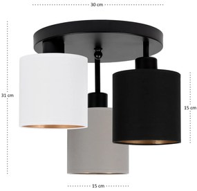 Lampa sufitowa czarna trzypunktowa z szaro-czarno-białymi abażurami C-