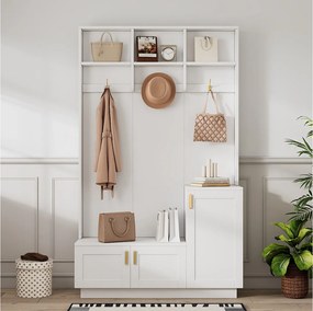 Biały wieszak do przedpokoju z ławką na buty, otwartym schowkiem i 3 haczykami