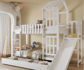 Łóżko piętrowe 90×200 cm - ze zjeżdżalnią - z 1 szufladą - z daszkiem i oknami - Drewno lite + MDF - białe (bez materaca)