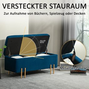 HOMCOM Ławka Tapicerowana z Miejscem do Przechowywania, Metal, Drewno Gumowe, Pianka, 100 x 40 x 42 cm, Granatowa