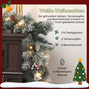 HOMCOM Girlanda świąteczna z 216 obsypanymi śniegiem gałązkami, 50 lampkami LED, Ø25x180 cm, zielona i biała | Aosom PL