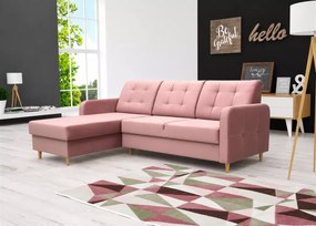 Stylowy tapicerowany narożnik Pink z funkcją spania i pojemnikiem na pościel