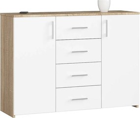 Komoda AKORD K45 Dąb Sonoma 110 cm 2 drzwi 4 szuflady kolor Biały mat 4 półki 110x35x80 cm