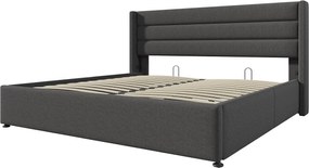 Łóżko z pojemnikiem 160x200 cm - Łóżko dla dorosłych z zagłówkiem - len szary - materac w komplecie