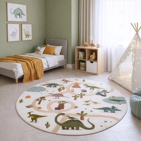 Dywan dziecięcy Coco Dinozaury kremowe koło 120 cm x 120 cm