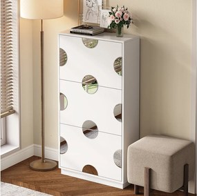 Nowoczesna i wyjątkowa szafka na buty - 63 x 24 x 120 cm - z 3 drzwiami + okrągłe lustro - MDF - biała