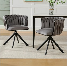 Zestaw 2 krzeseł do jadalni z szarego aksamitu z funkcją obrotową i czarnymi metalowymi nogami