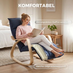 HOMCOM Fotel bujany z regulowanym podnóżkiem, tapicerowany, podłokietniki z forniru brzozowego, granatowy | Aosom PL