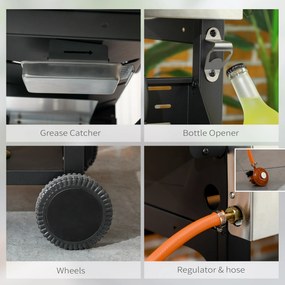 Outsunny Grill Gazowy, BBQ-Grill, 4 Główne Palniki, 1 Boczny Palnik, 1 Płyta Grzewcza; 123 x 52 x 101cm, Czarny