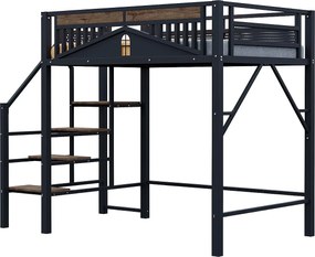Łóżko piętrowe metalowe 140×200 cm - z drabiną - z barierkami bezpieczeństwa - czarne (materac nie jest dołączony)