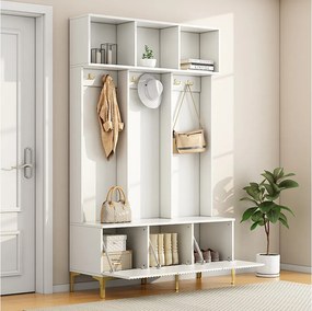 Garderoba z ławką, 3 drzwiami i wieszakiem na ubrania - 120 x 23,5 x 191,5 - Płyta wiórowa - Kolor biały